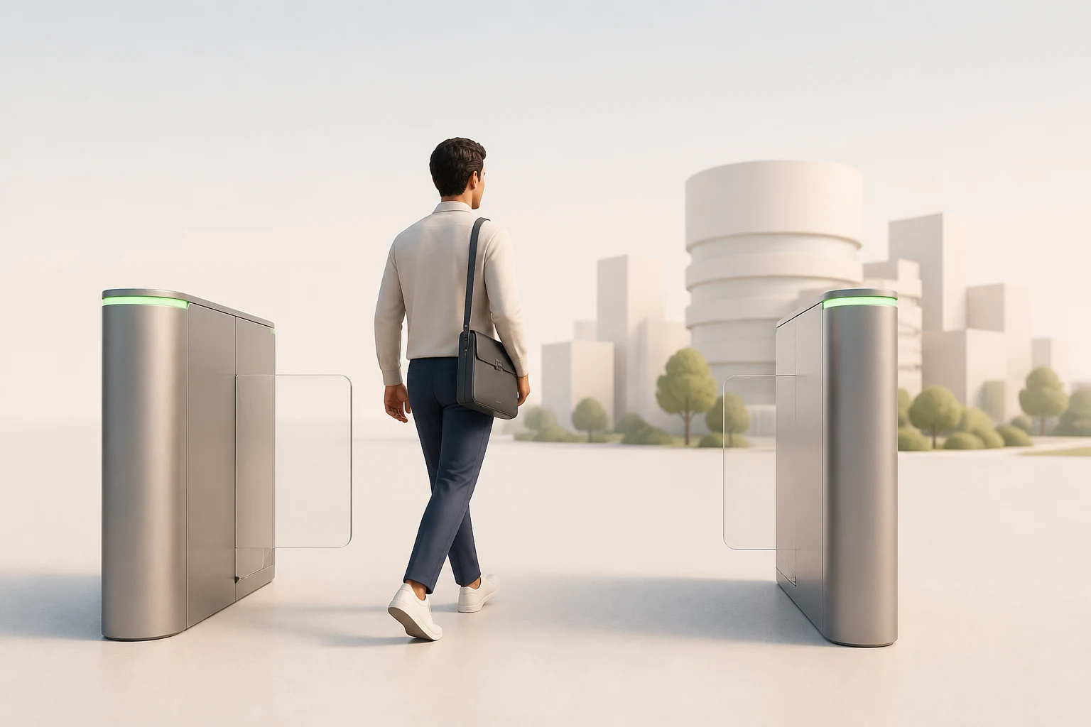 A person carrying a laptop bag walks confidently between two sleek pedestrian gate panels, both glowing green to signal open access, toward a soft cluster of city buildings